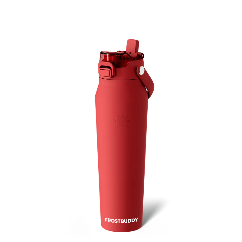 A tall, matte red insulated water bottle with a flip-top lid and the brand name "FROSTBUDDY" printed in white at the base.