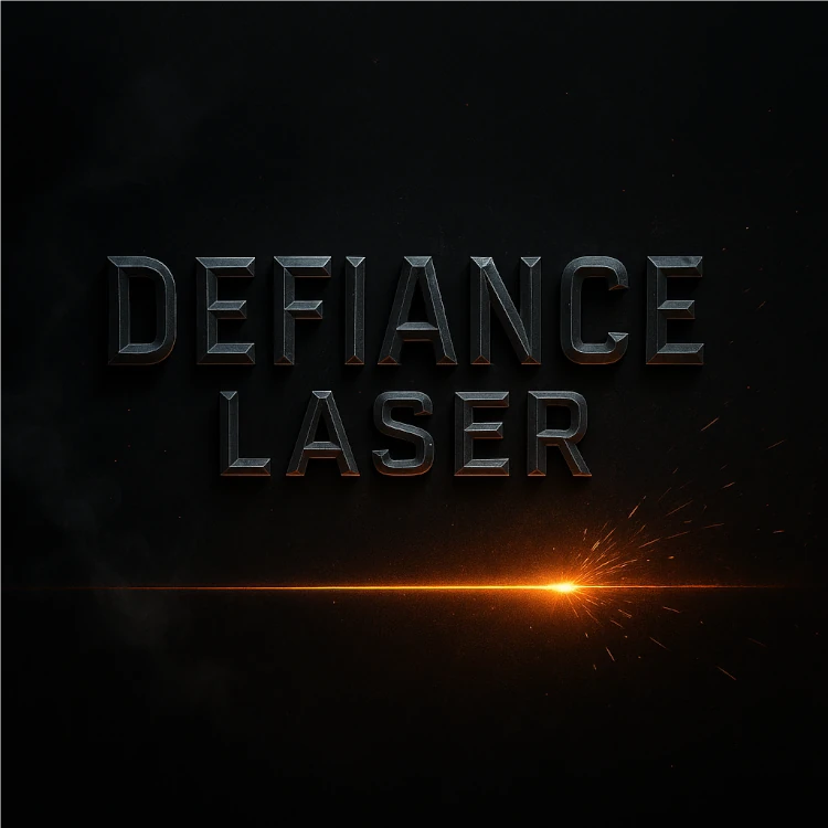 The words "DEFIANCE LASER" in bold metallic letters over a dark background, with an orange laser beam and sparks below the text.