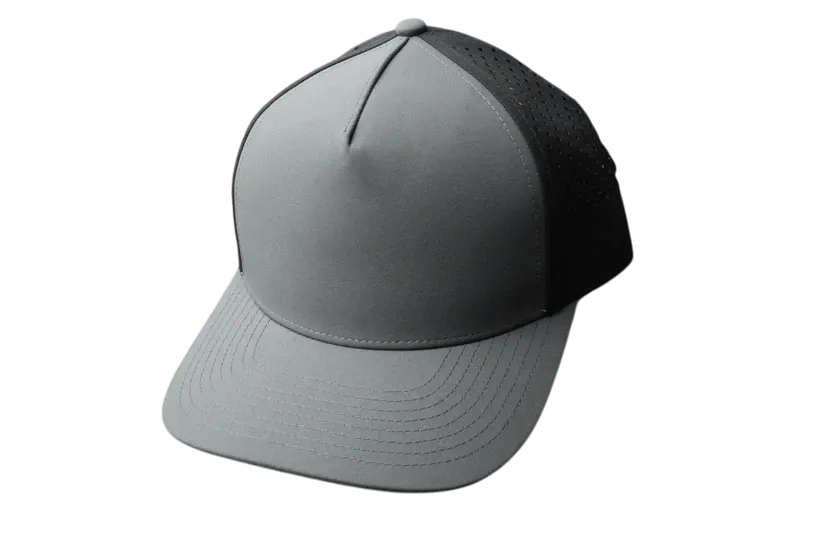 A gray baseball cap with a curved brim and black perforated side panels, displayed on a plain background.