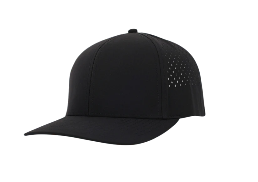 A black baseball cap with a flat brim and perforated side panels.