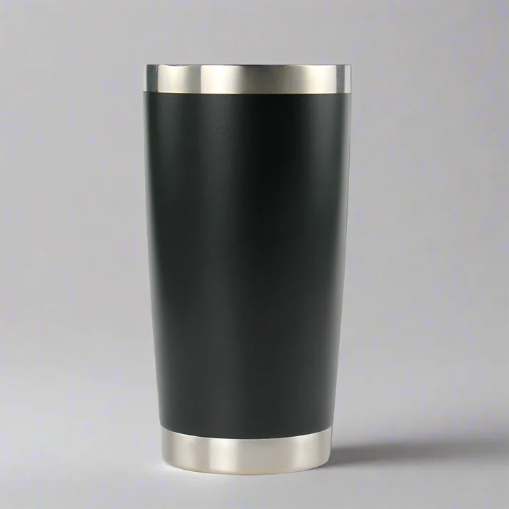 A tall, black insulated tumbler with silver rims.