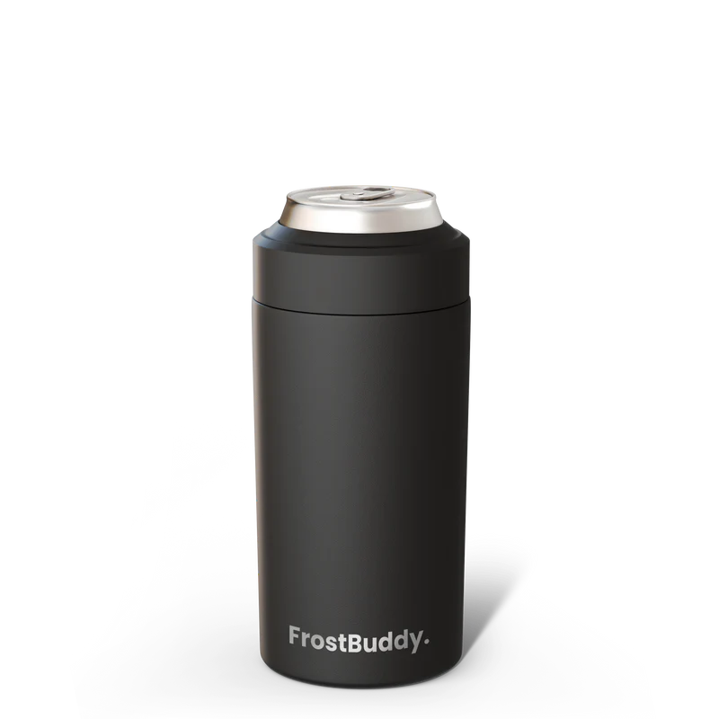 A black Frost Buddy can cooler stands against a white background.